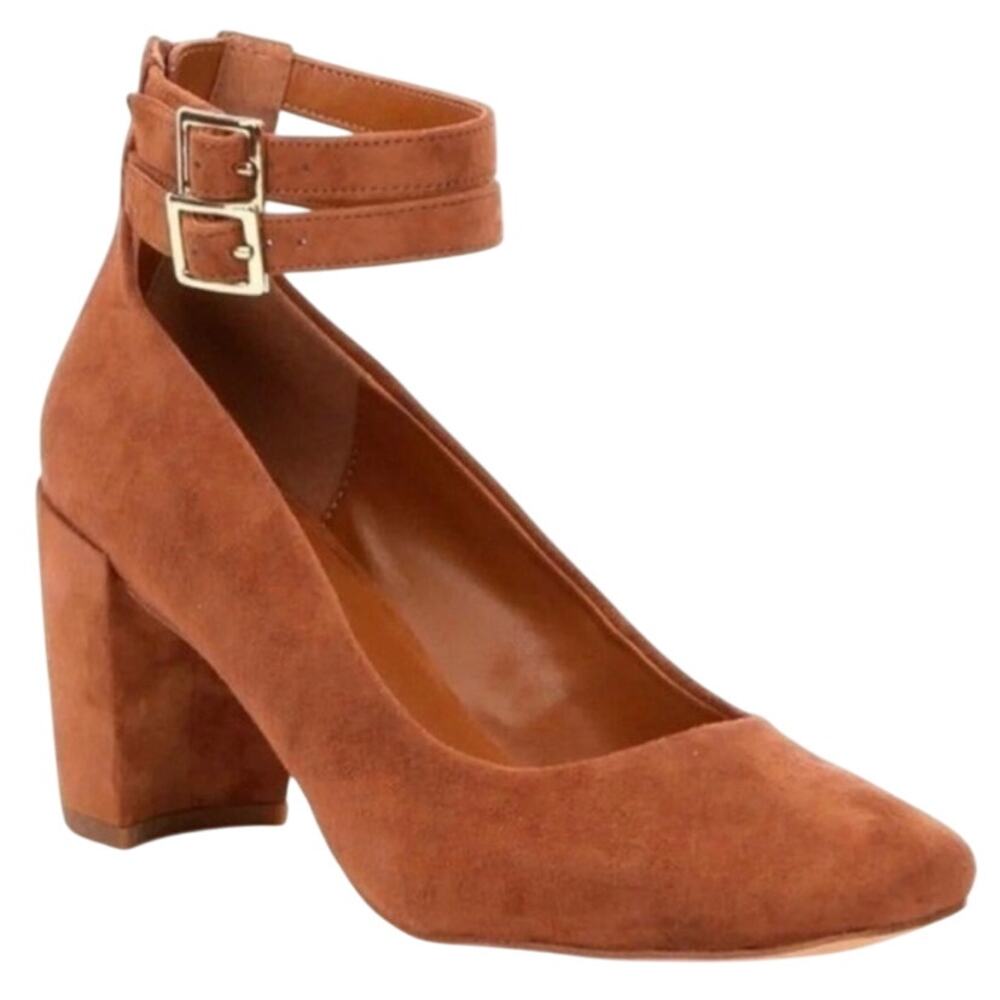 Dark Academia Cognac Suede‎ Ankle Strap Block Heel Pumps Square Toe Brown 6.5M